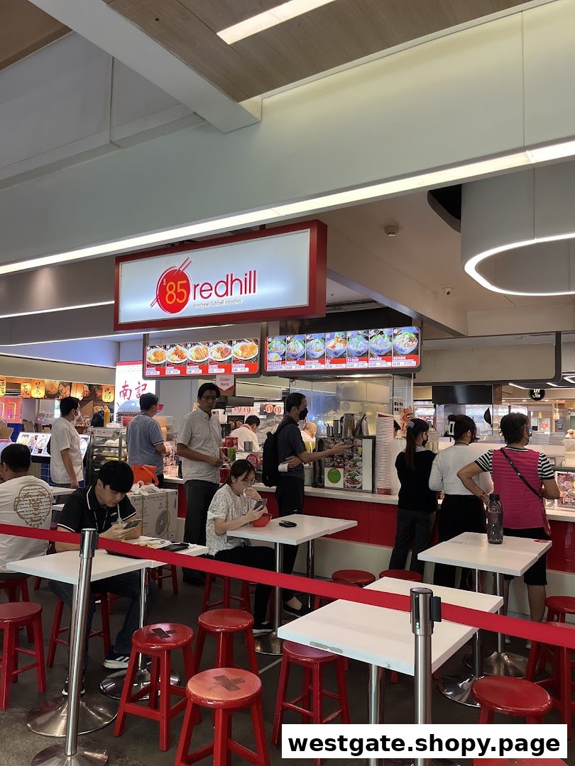 A bustling scene at 85 Redhill Teochew Fishball Noodles, with customers ordering and dining.
