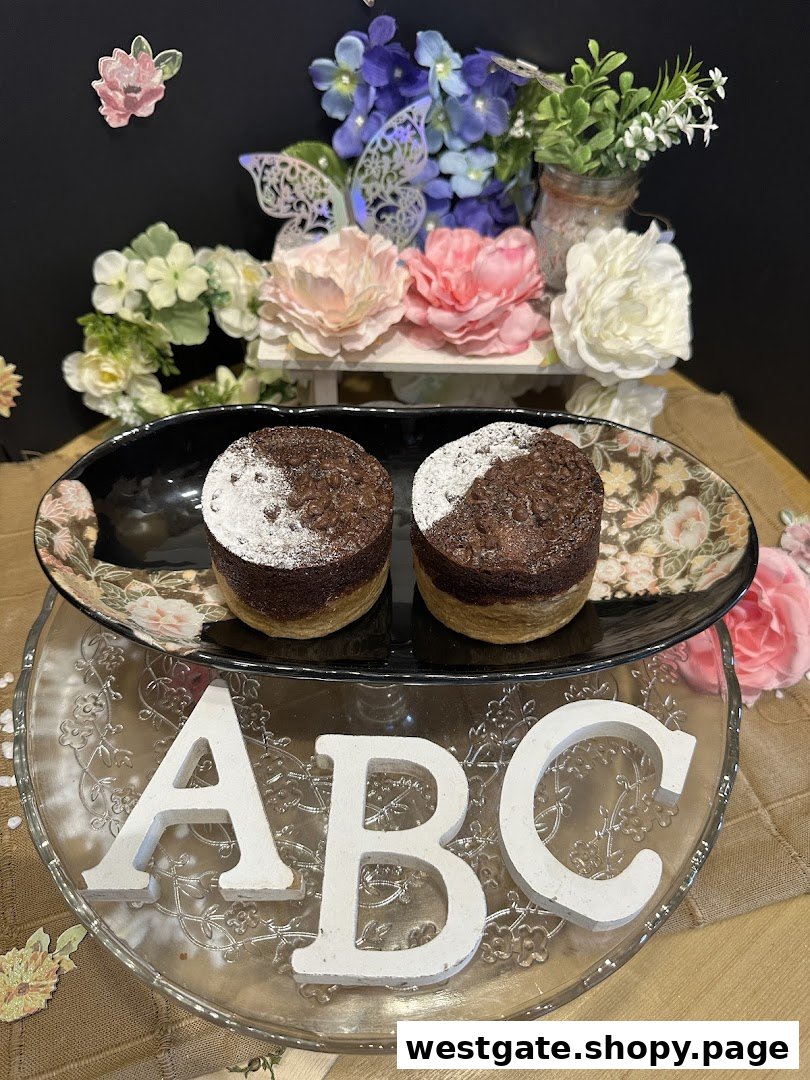 Two chocolate muffins on a decorative plate with 'ABC' letters and floral background.