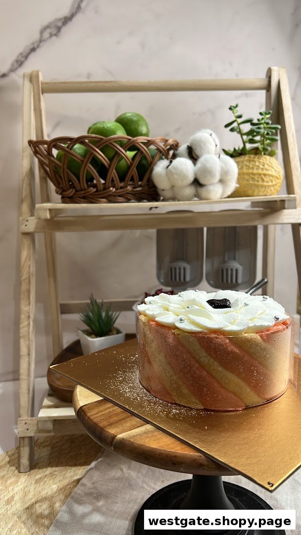 A beautifully decorated cake on a wooden stand, surrounded by kitchen decor and fresh ingredients.