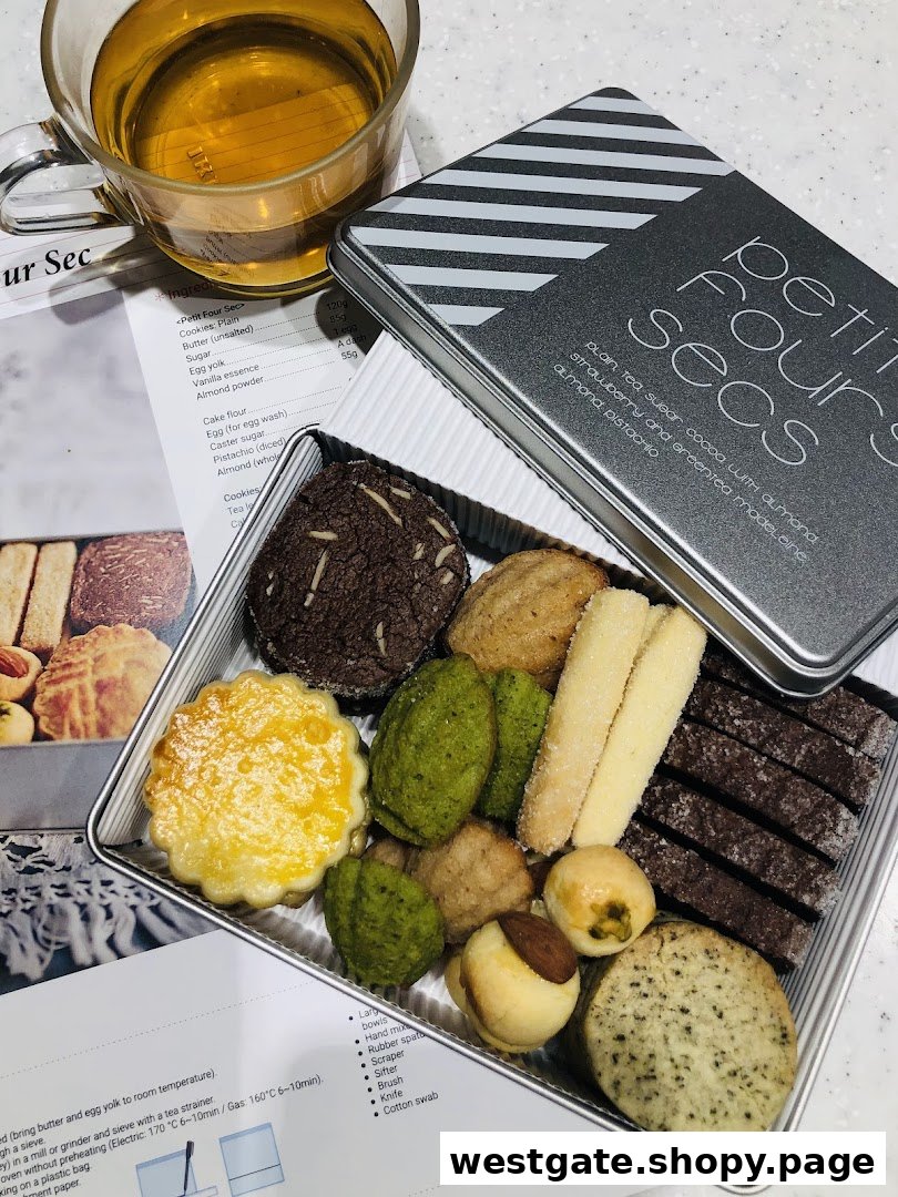 An open tin of assorted petit fours and cookies, with a cup of tea and a recipe sheet.