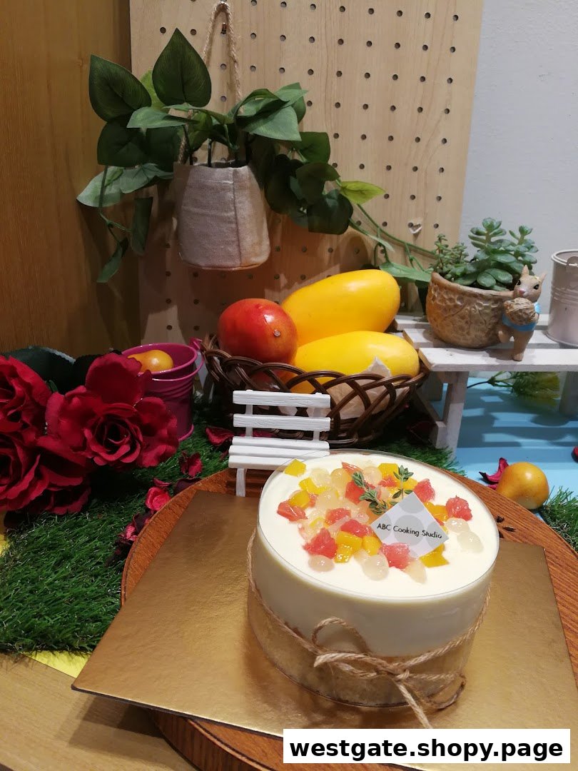 A beautifully decorated cake with fruit toppings, displayed amidst decorative elements at ABC Cooking Studio.