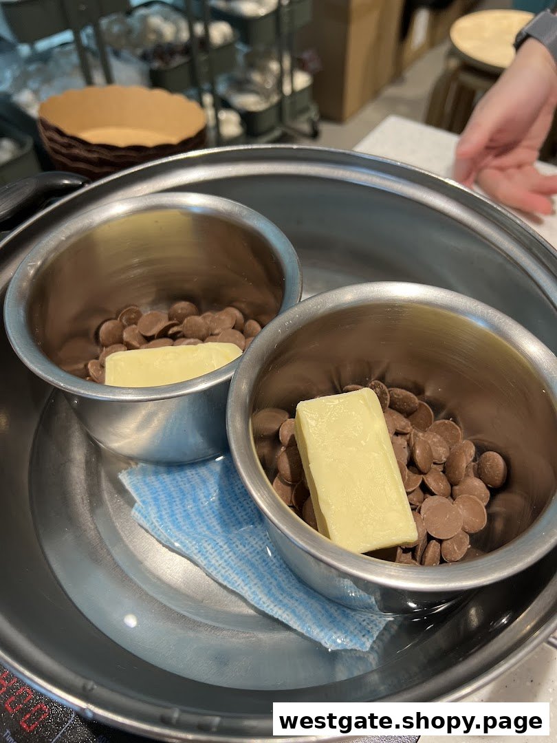Chocolate chips and butter in bowls, ready for melting in a double boiler setup.