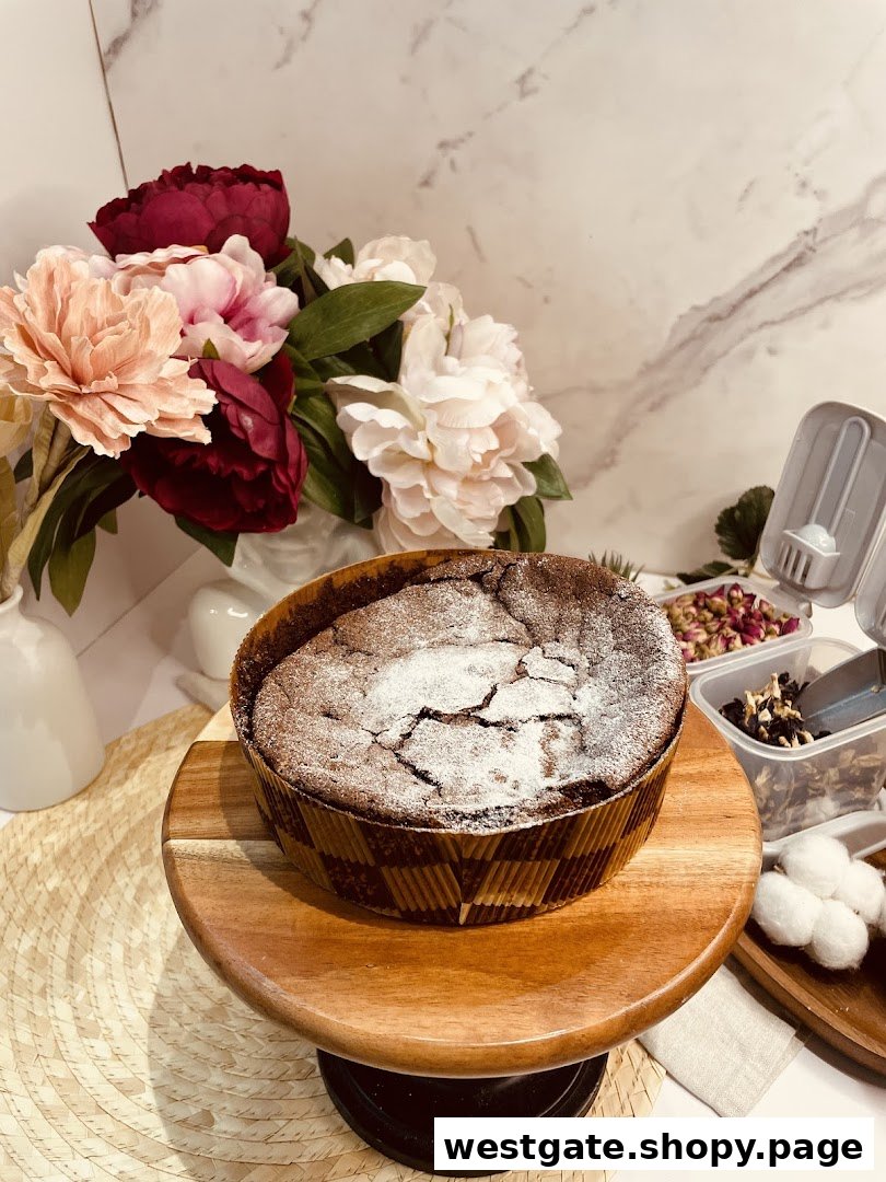 A freshly baked chocolate cake, dusted with powdered sugar, displayed on a wooden stand.