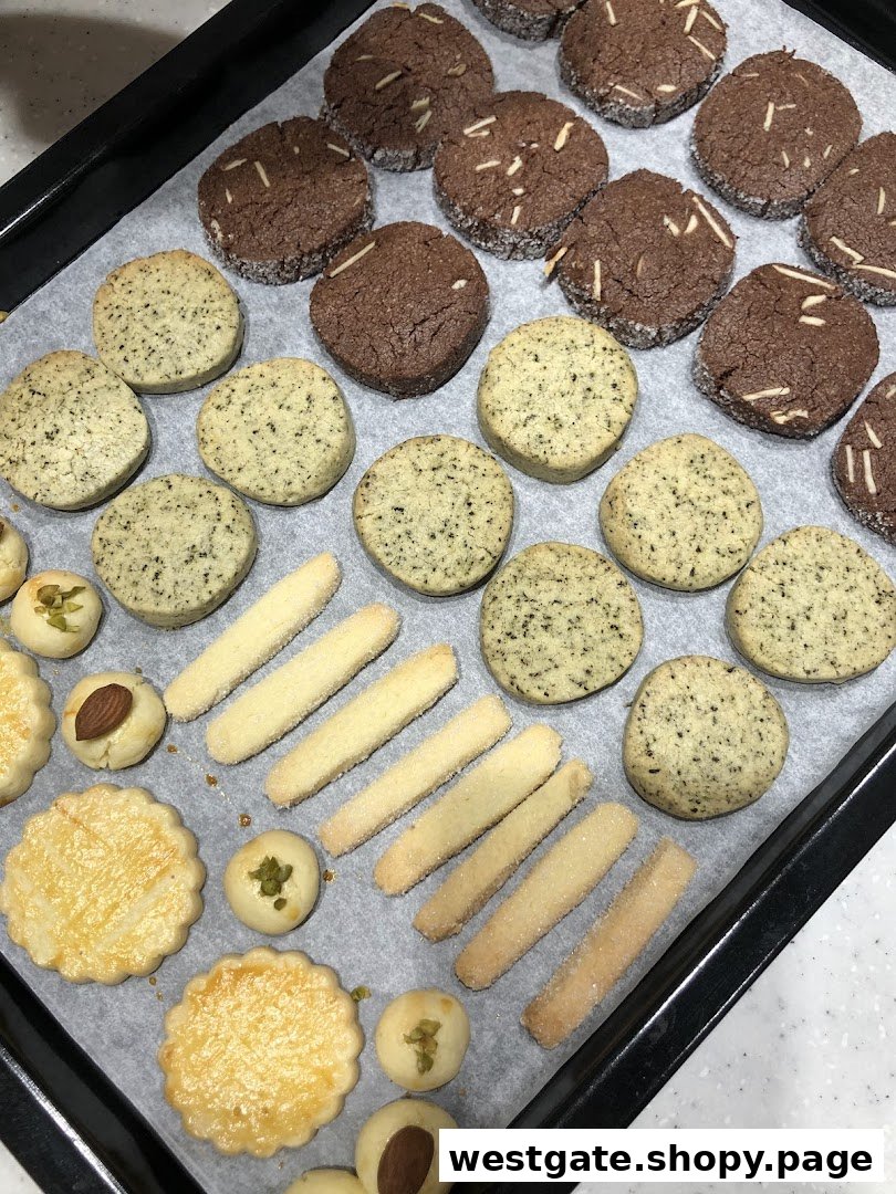 A baking tray filled with various freshly baked cookies, including chocolate, shortbread, and decorated varieties.