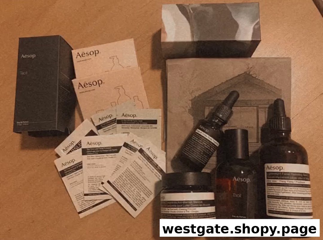 Various Aesop skincare products, including bottles, jars, and samples, are displayed.