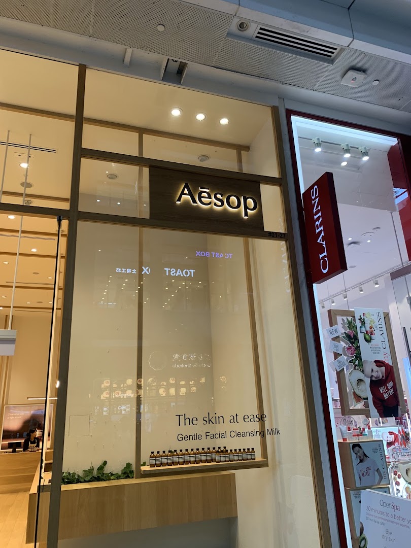 The Aesop shopfront features its illuminated logo, a minimalist product display, and a clean design.