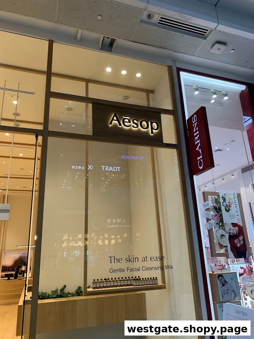The Aesop shopfront features its illuminated logo, a minimalist product display, and a clean design.