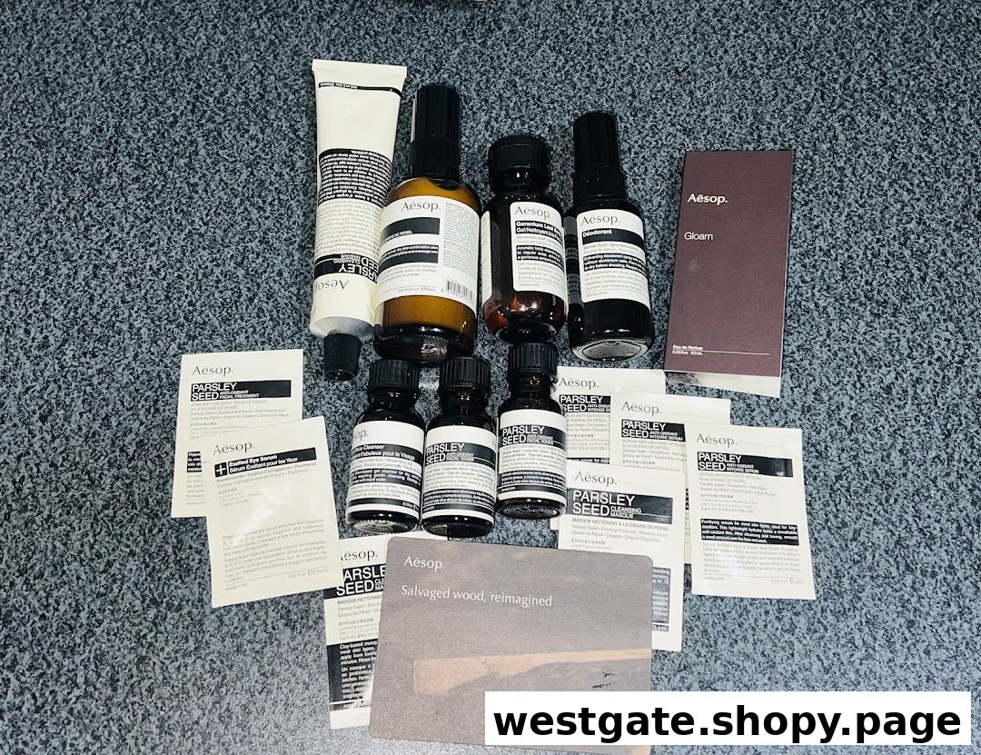 A collection of Aesop skincare and fragrance products, including Parsley Seed range and Gloam perfume.
