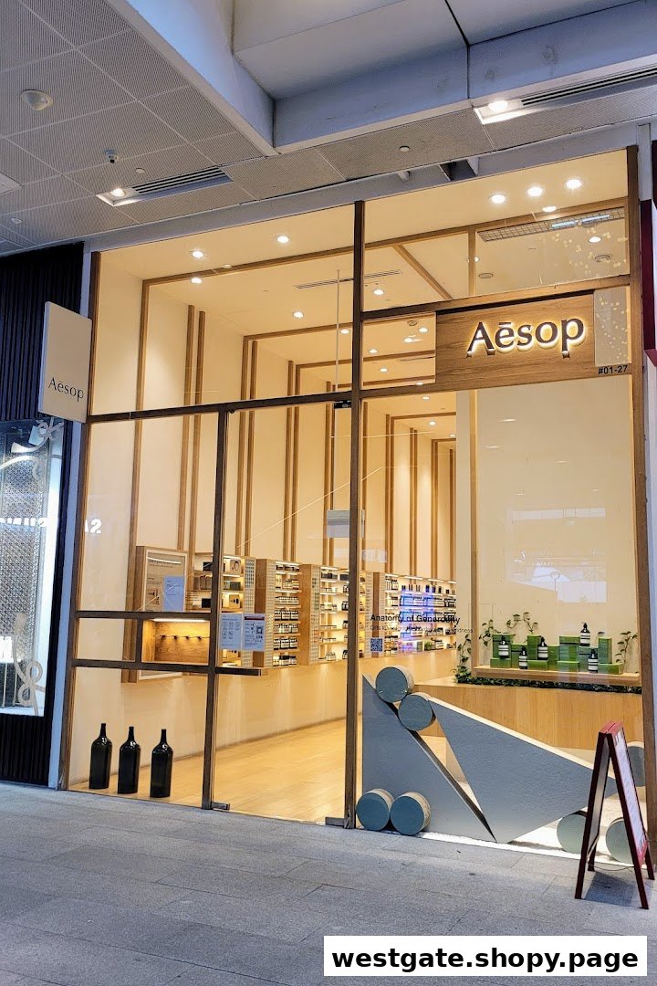 The elegant and minimalist storefront of an Aesop boutique, showcasing its distinctive design and product displays.