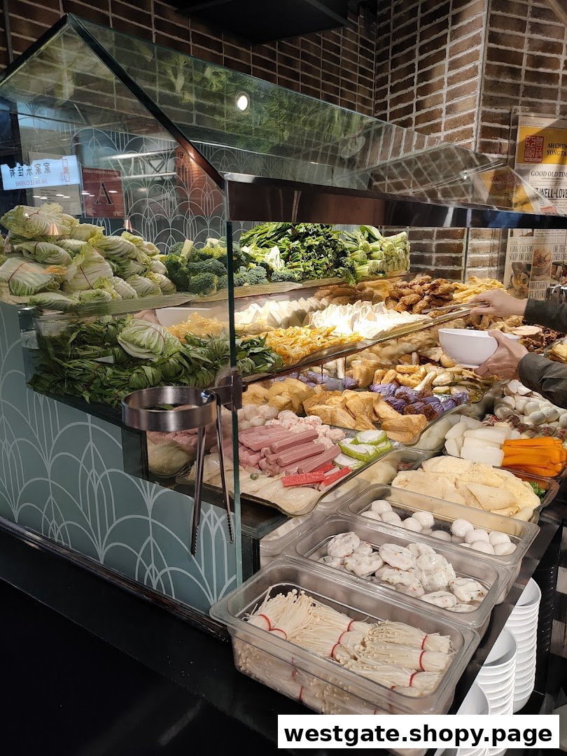 A vibrant display of fresh vegetables, tofu, and various ingredients for Yong Tau Foo at a food stall.