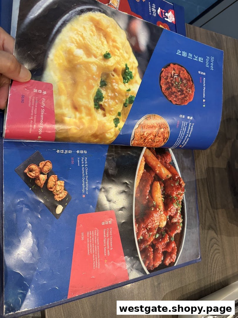 A close-up view of a Korean restaurant menu displaying various dishes with prices and descriptions.