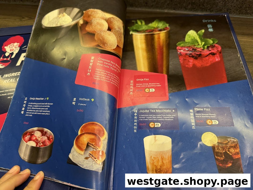 A vibrant menu displaying Korean desserts, snacks, and refreshing beverages with prices and descriptions.