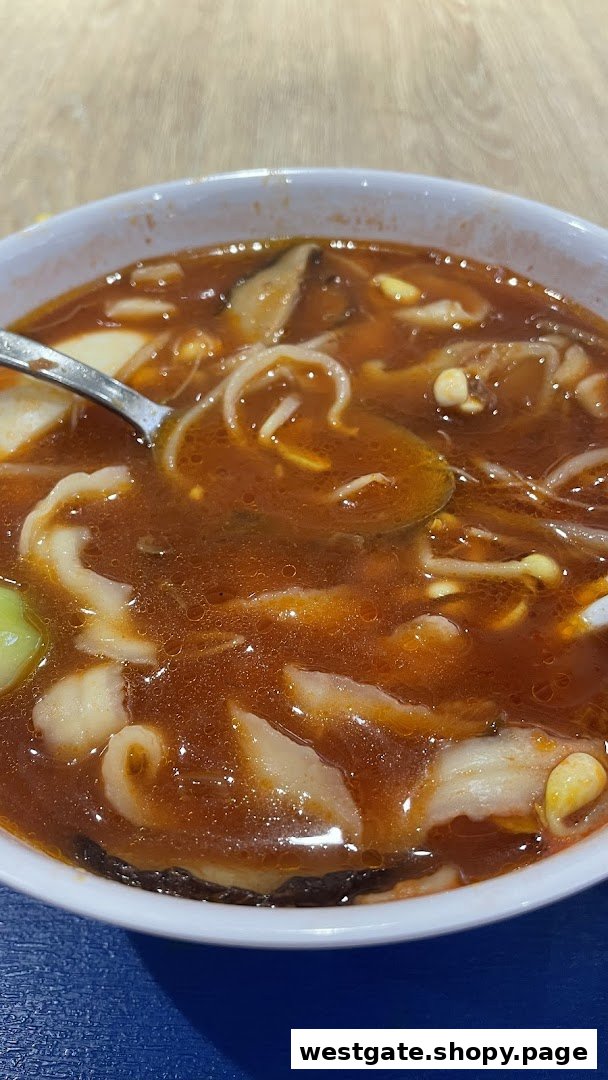 A close-up of a vibrant red tomato soup noodle dish with various ingredients.