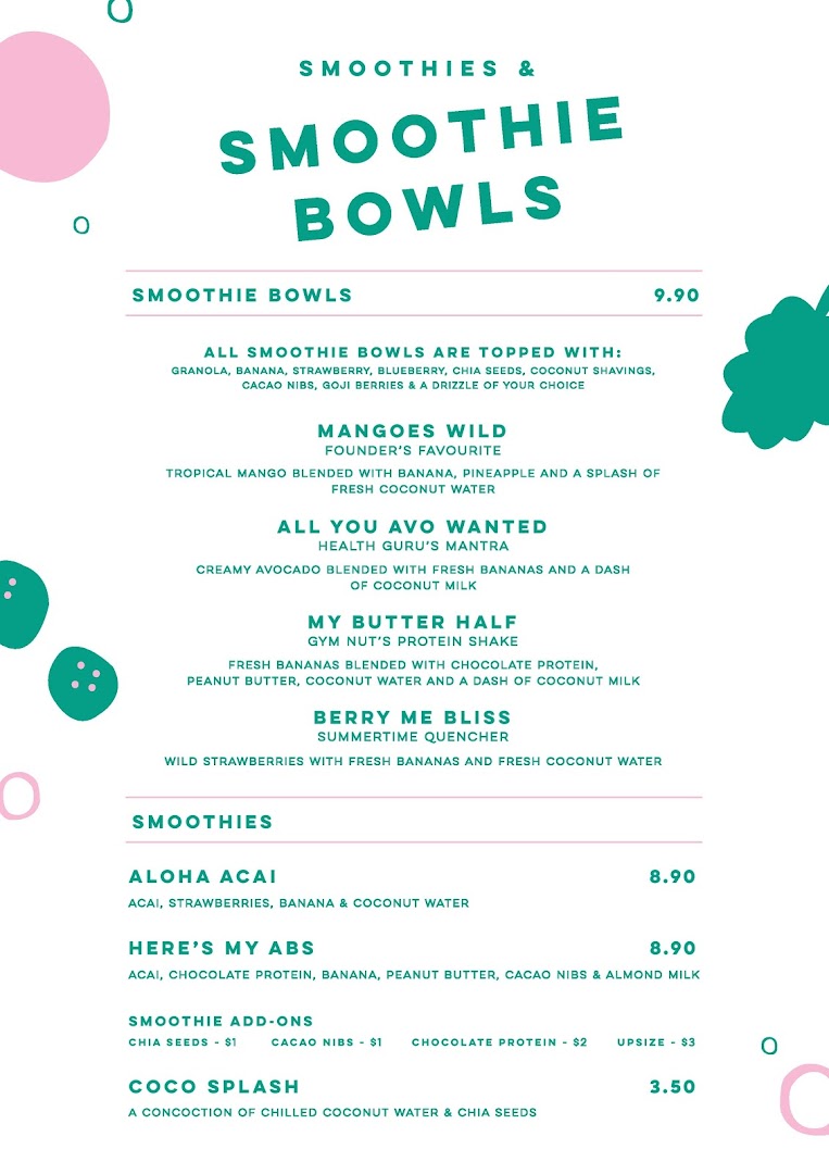 A vibrant menu displaying smoothie bowls, smoothies, and add-ons from An Açaí Affair.
