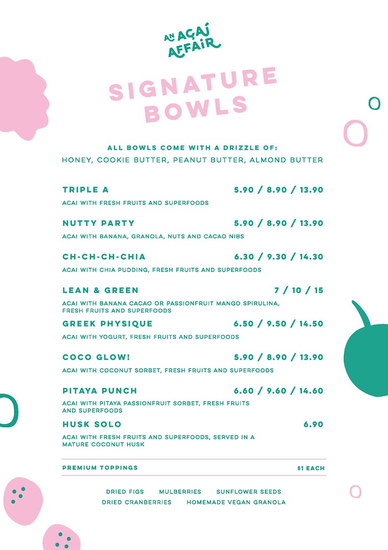 A vibrant menu displaying a variety of açaí bowls and premium toppings from An Açaí Affair.