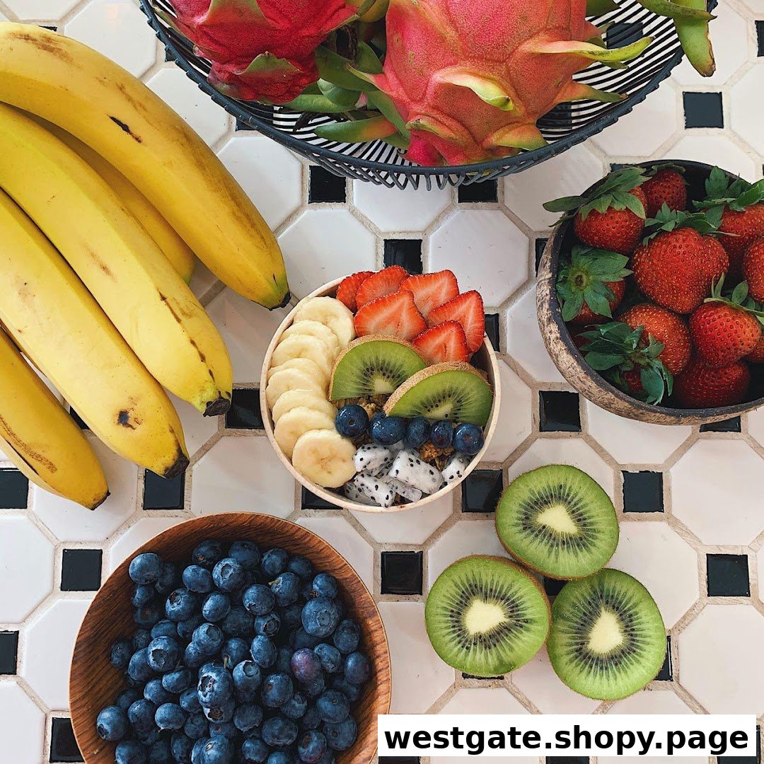 A vibrant açaí bowl surrounded by fresh bananas, strawberries, blueberries, kiwi, and dragon fruit.