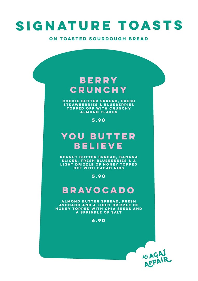 A vibrant menu board showcasing signature toast options with descriptions and prices.