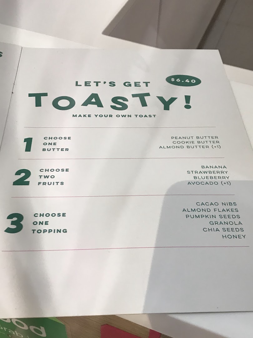 A menu page detailing options for building a custom toast, including butter, fruit, and topping choices.