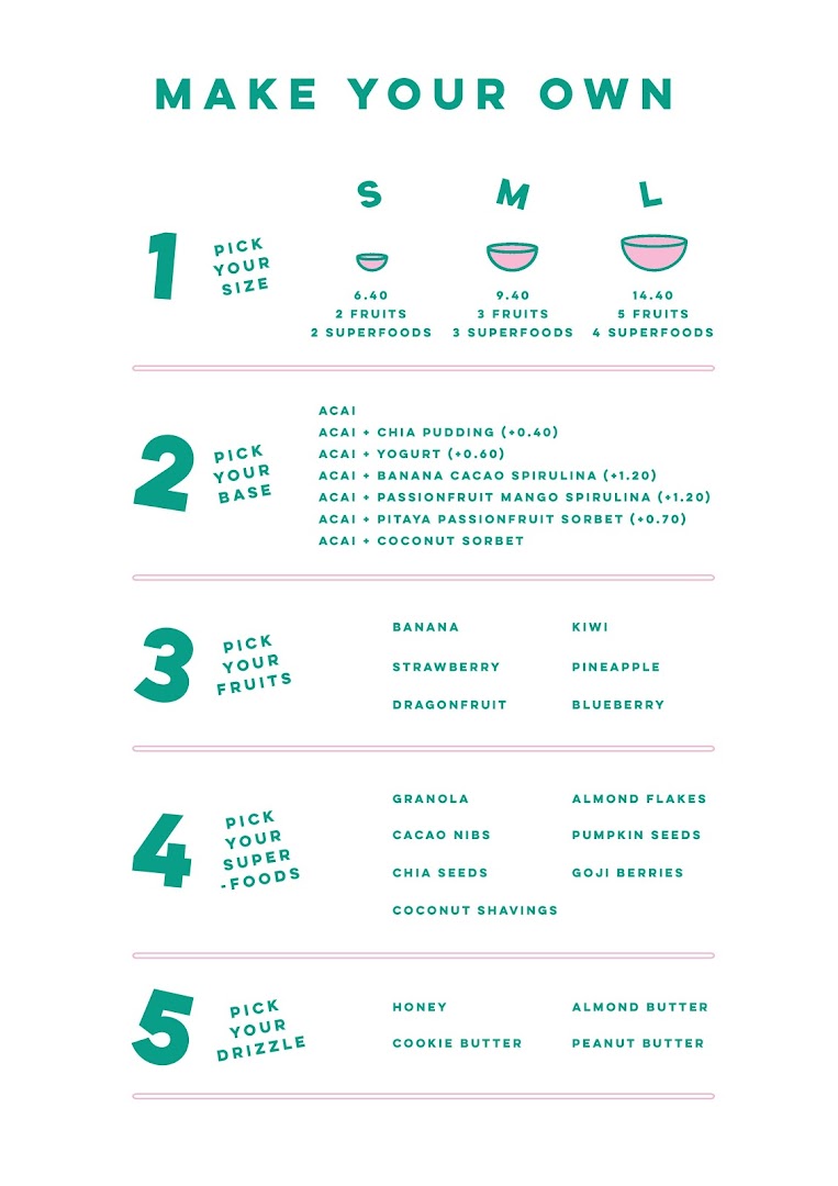A customizable menu for açaí bowls, detailing sizes, bases, fruits, superfoods, and drizzles.