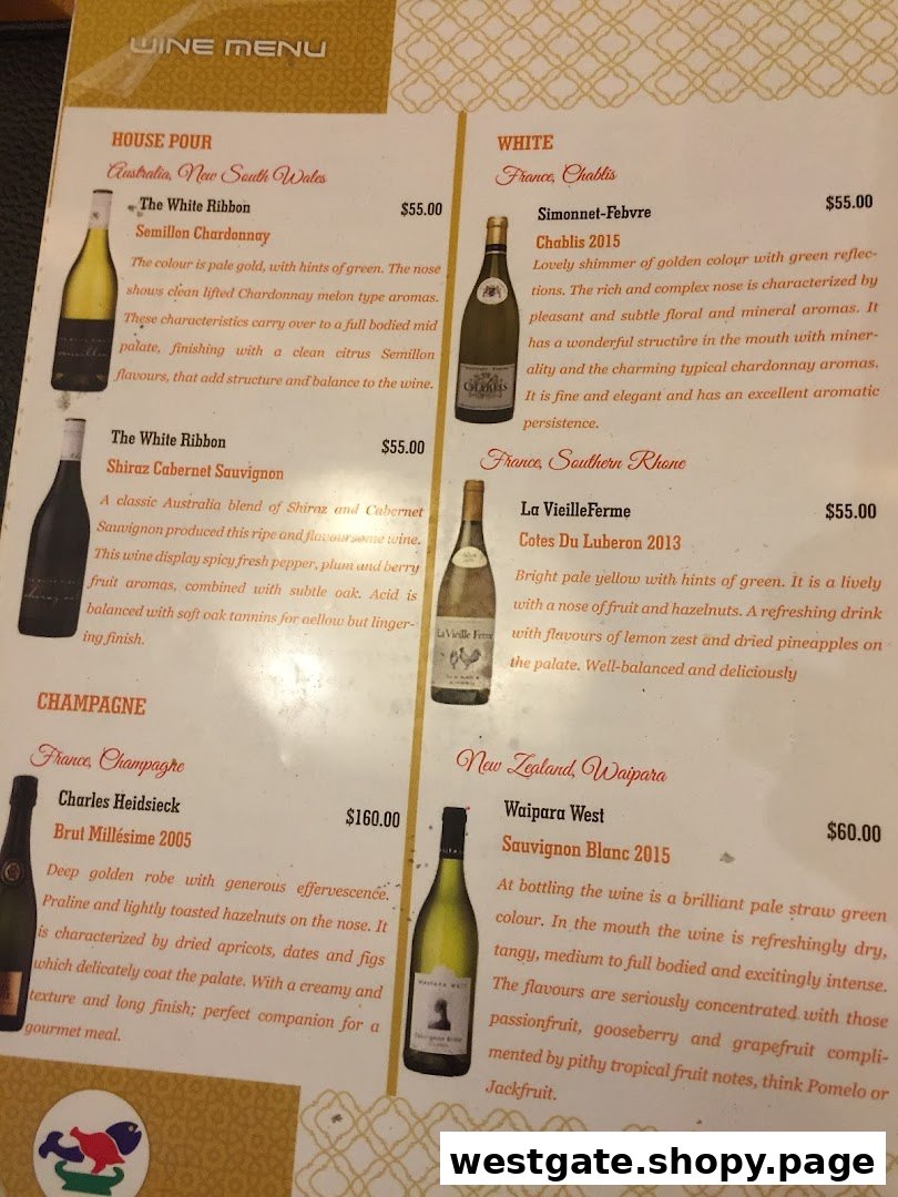 A detailed wine menu featuring a selection of house pour, white, and champagne options with prices.