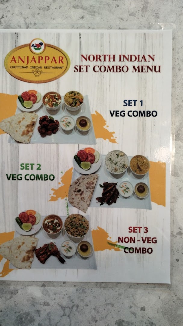 A menu displaying North Indian set combo meals, including vegetarian and non-vegetarian options from Anjappar.