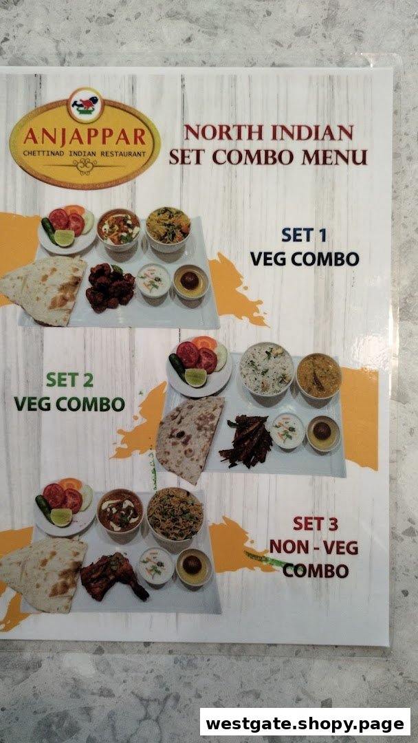 A menu displaying North Indian set combo meals, including vegetarian and non-vegetarian options from Anjappar.
