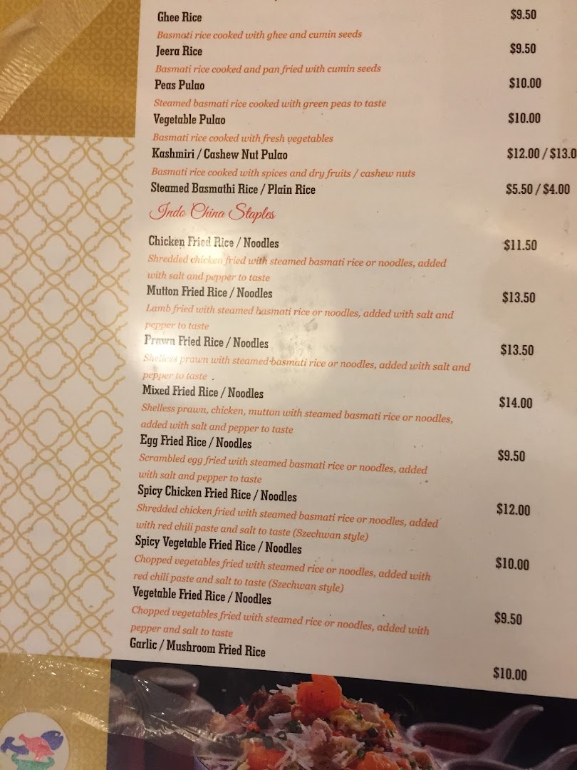 A detailed menu displaying various rice and Indo-Chinese noodle dishes with prices.