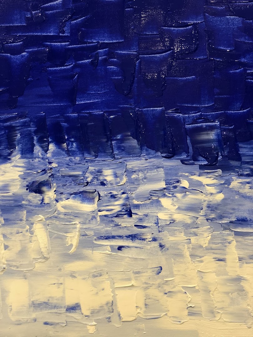 Abstract painting with textured blue and white impasto strokes, showcasing artistic expression.