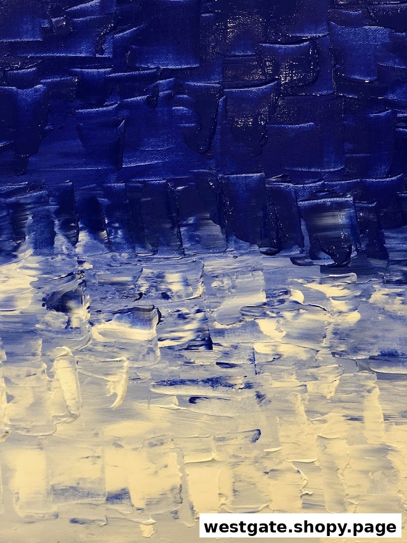 Abstract painting with textured blue and white impasto strokes, showcasing artistic expression.