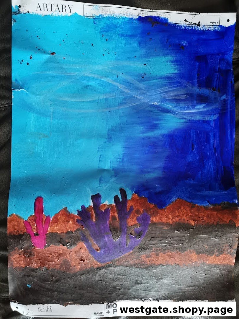 A vibrant child's painting of an underwater scene with coral, showcasing artistic creativity.