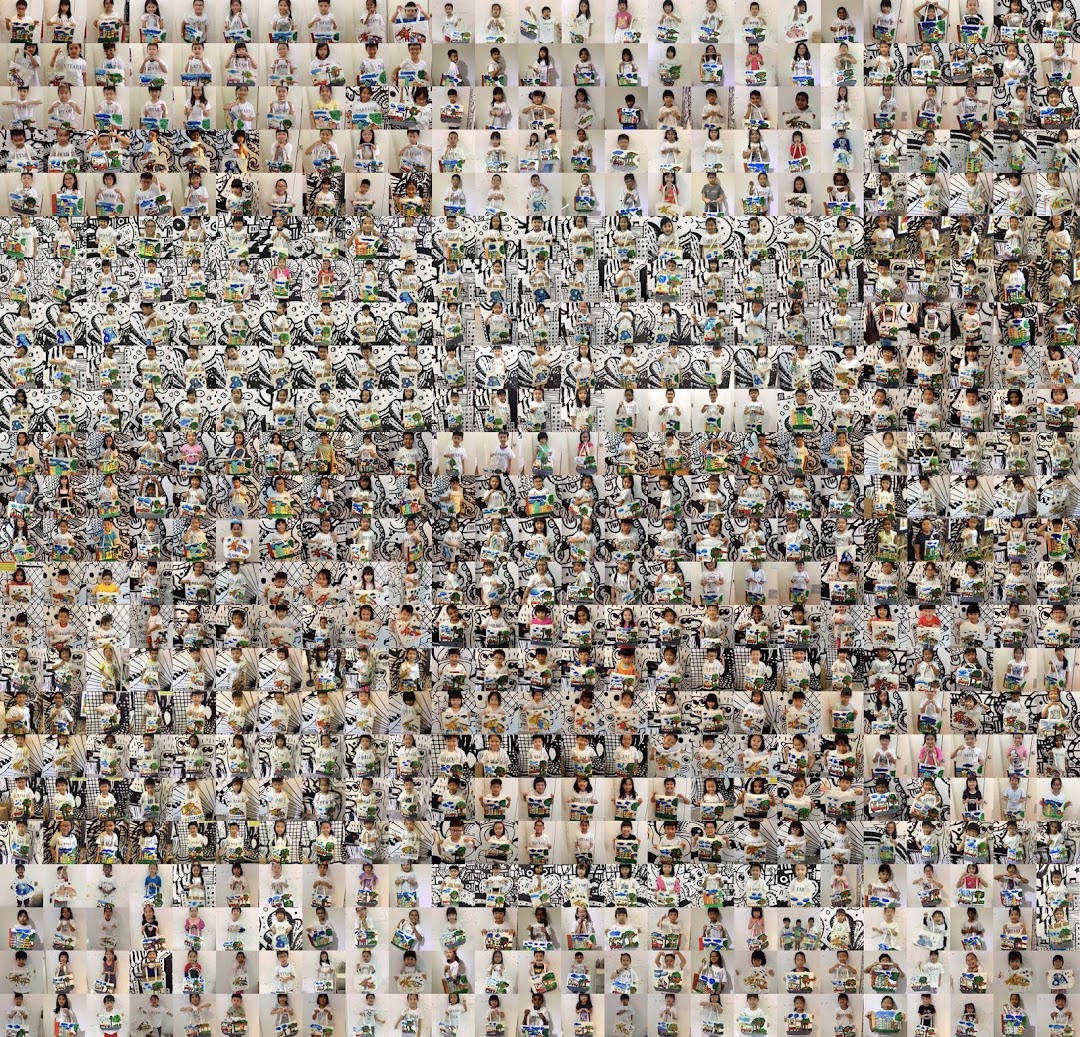 A large mosaic composed of numerous small photos of children, many holding artwork or wearing art-themed attire.