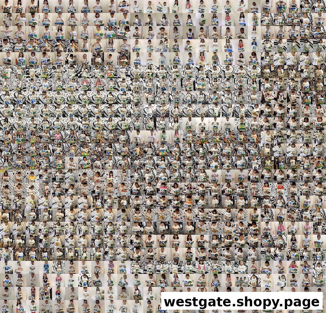 A large mosaic composed of numerous small photos of children, many holding artwork or wearing art-themed attire.