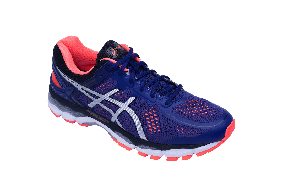 A single ASICS GEL-Kayano 22 running shoe in blue and coral colors.