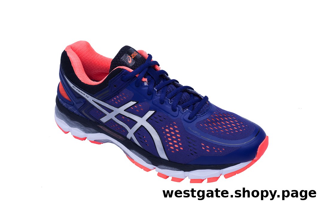 A single ASICS GEL-Kayano 22 running shoe in blue and coral colors.