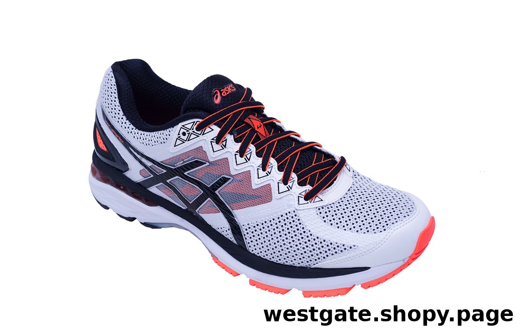 A white and black ASICS running shoe with vibrant orange accents, isolated on a black background.