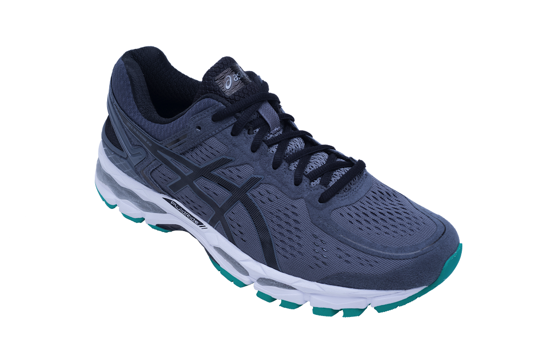 A single grey and black ASICS running shoe with white and teal accents.