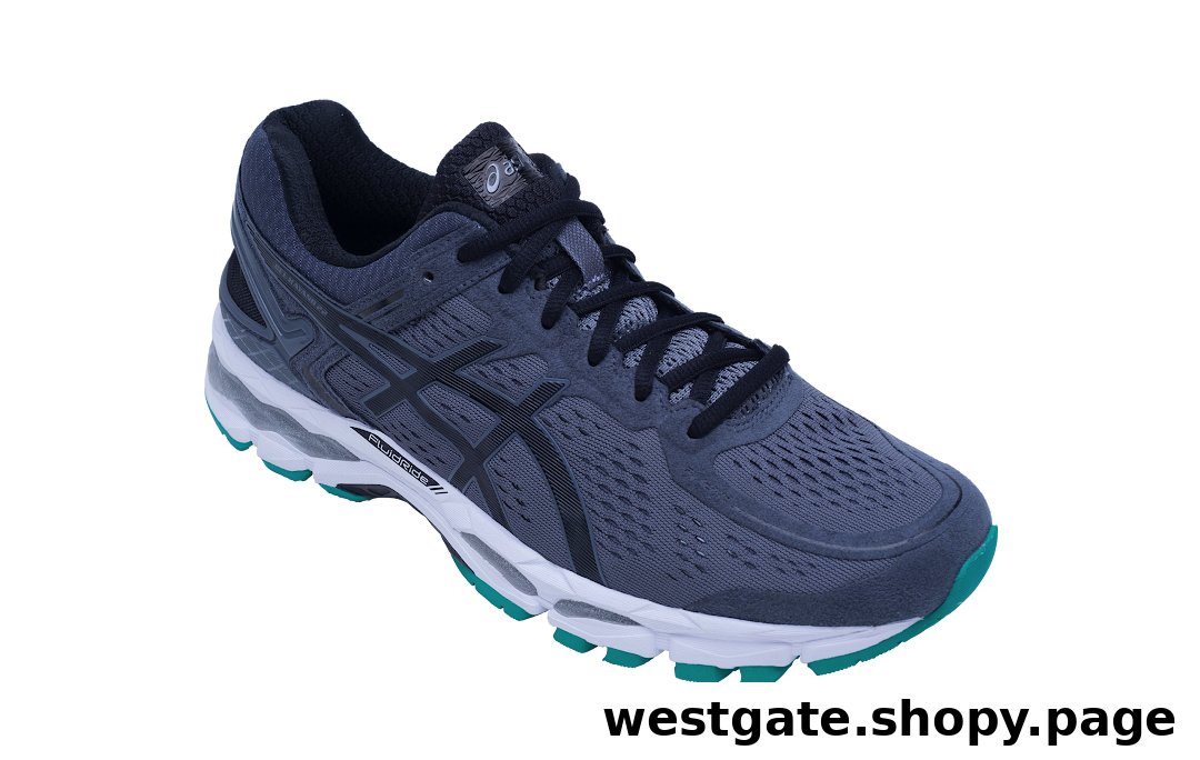 A single grey and black ASICS running shoe with white and teal accents.