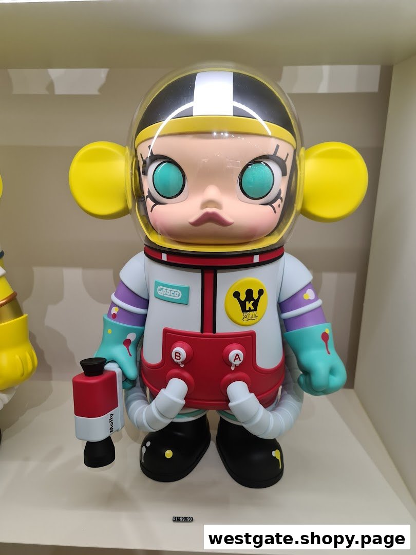 A detailed collectible figure of a character in an astronaut suit, displayed in a retail setting.