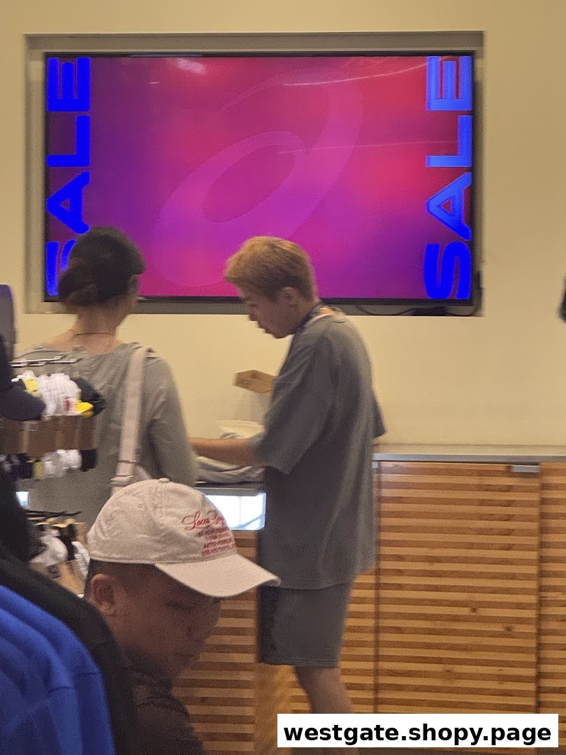 Customers browsing inside an ASICS store with a large screen displaying a 'SALE' promotion and the ASICS logo.
