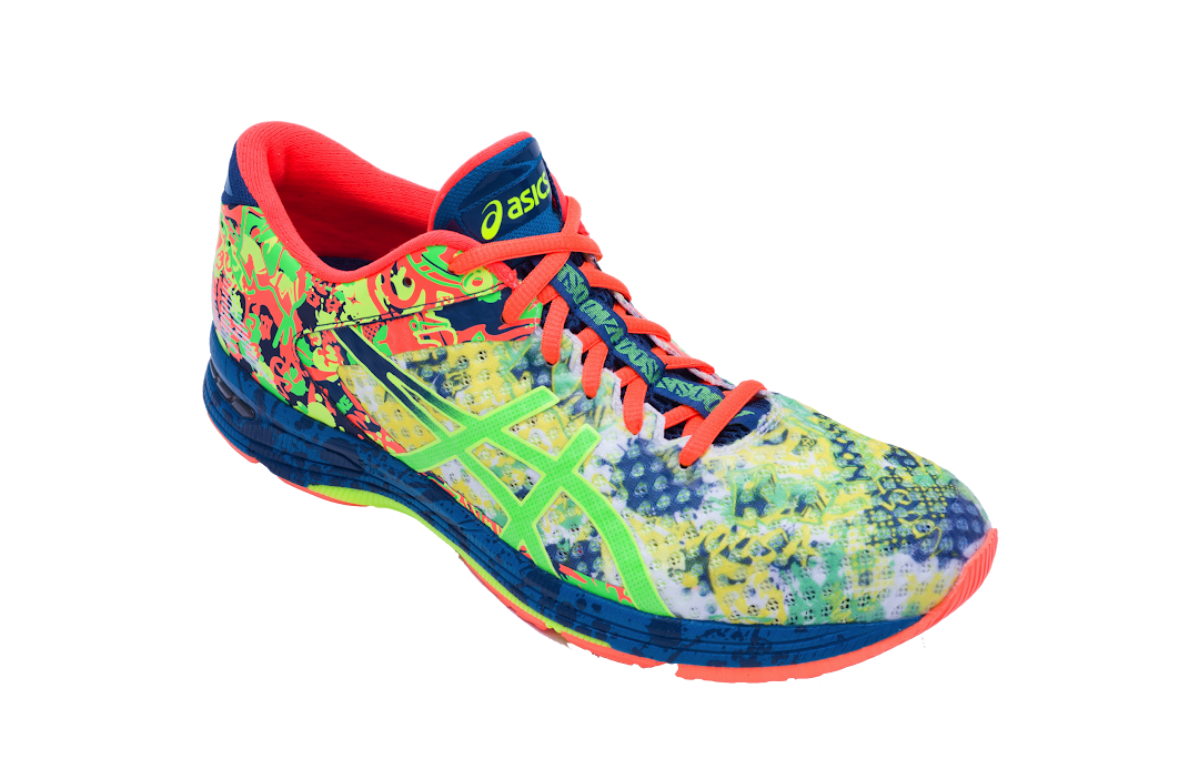 A vibrant, multi-colored ASICS running shoe with a unique pattern and bright laces.