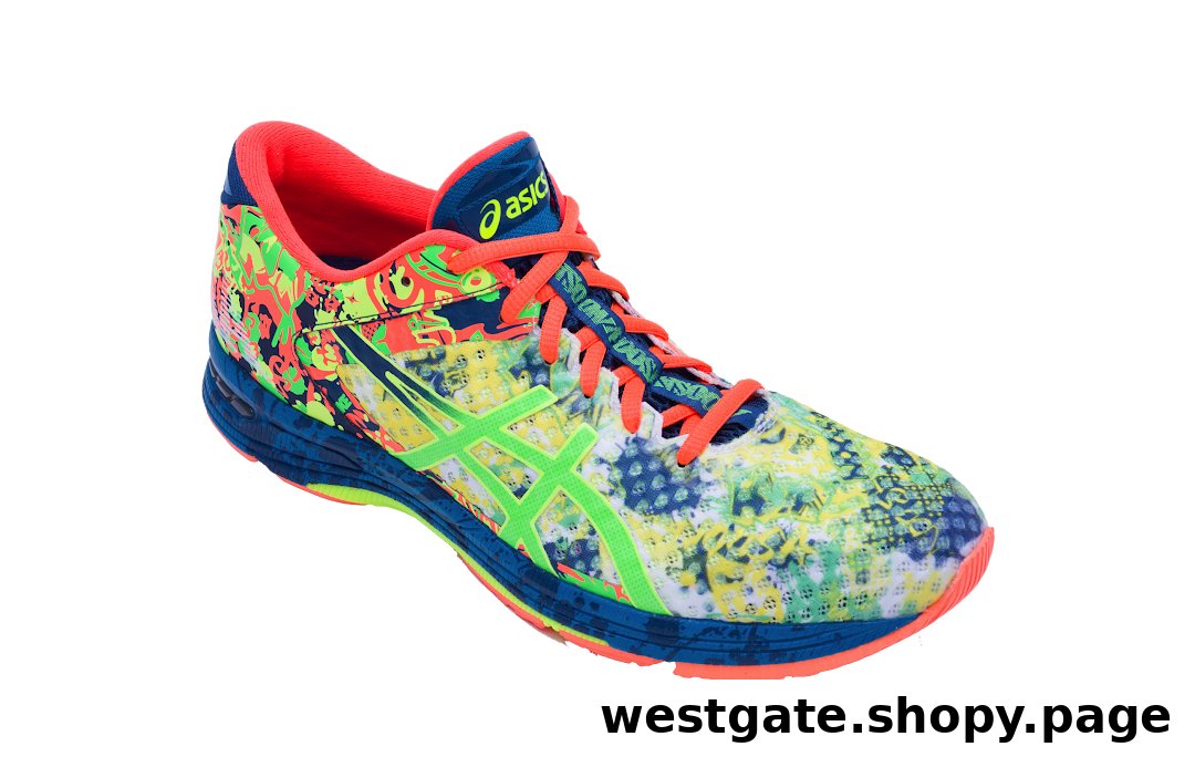 A vibrant, multi-colored ASICS running shoe with a unique pattern and bright laces.