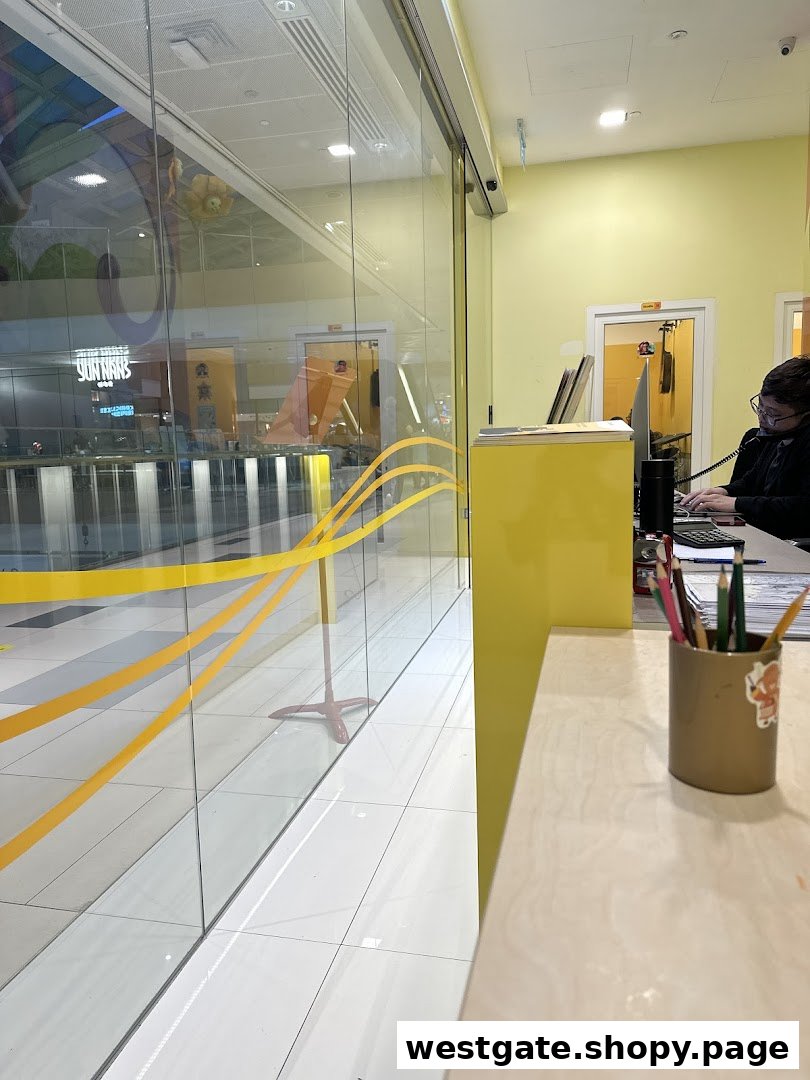 Interior view of Aureus Academy's reception area with a staff member and a view of the mall.