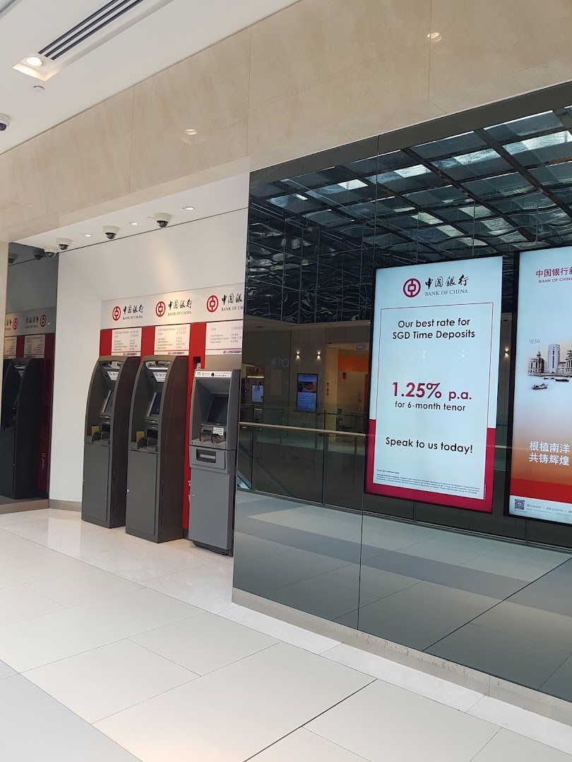Bank of China Jurong East Sub-Branch entrance with ATMs and a promotional display for SGD Time Deposits.