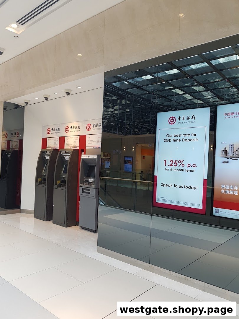 Bank of China Jurong East Sub-Branch entrance with ATMs and a promotional display for SGD Time Deposits.