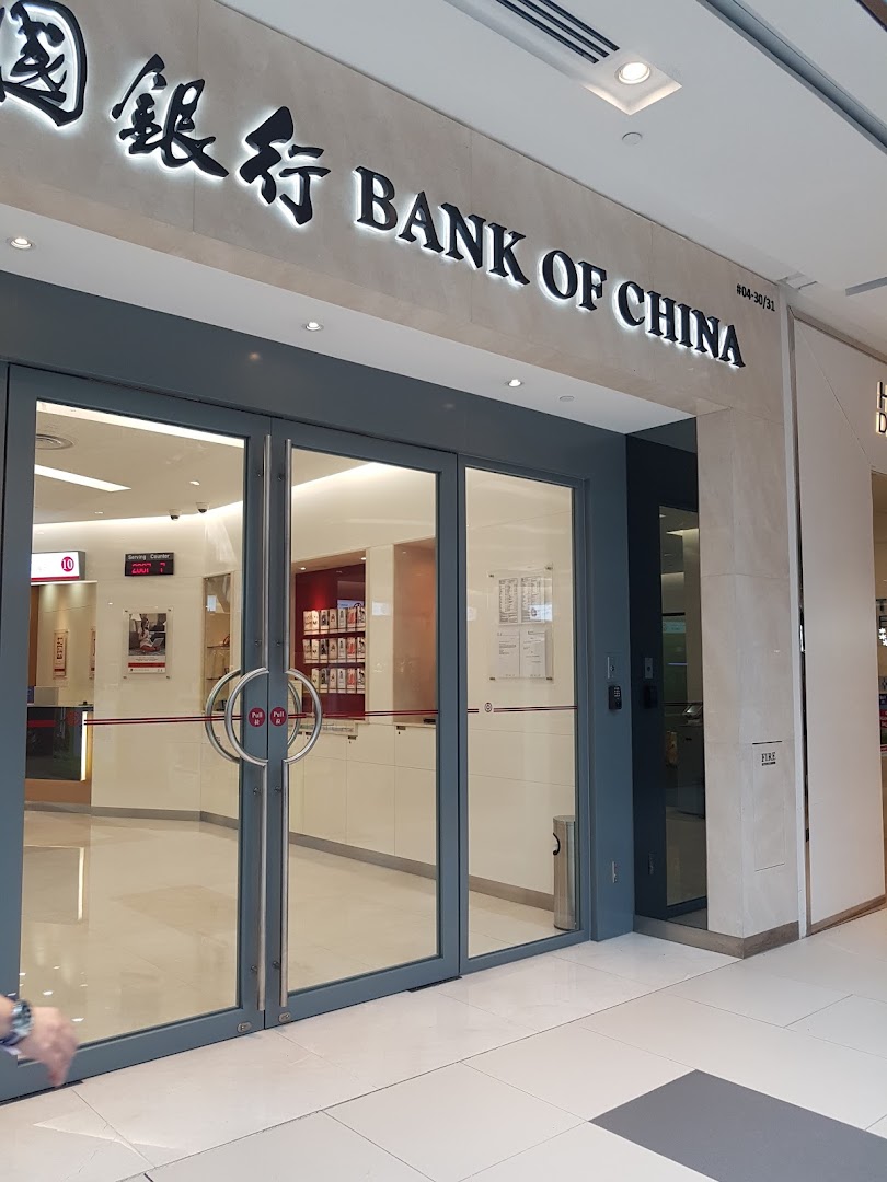 The illuminated entrance of Bank of China Jurong East Sub-Branch within a shopping mall.