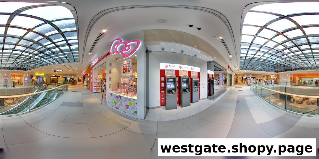 A panoramic view of a mall interior featuring Bank of China ATMs and a Hello Kitty shop.