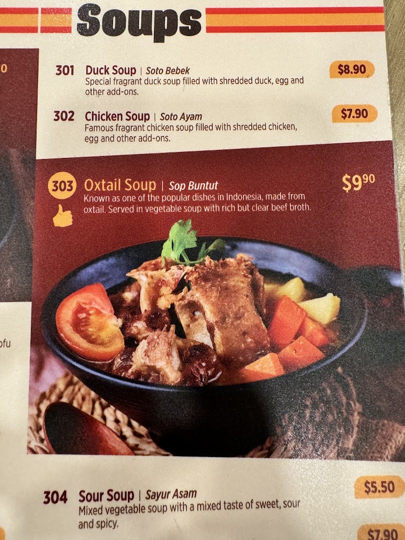 A menu page from Bebek Goreng Pak Ndut Westgate, showcasing various Indonesian soup options.