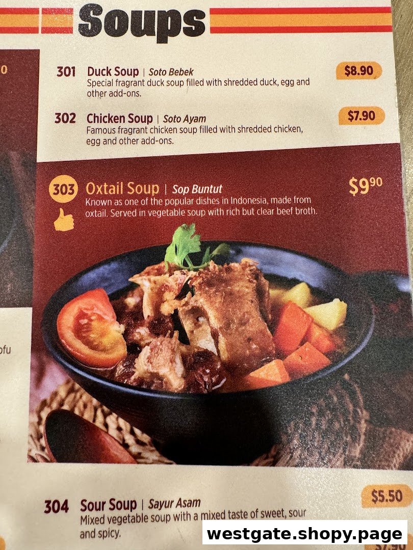 A menu page from Bebek Goreng Pak Ndut Westgate, showcasing various Indonesian soup options.