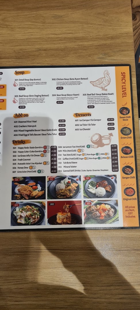A detailed menu displaying Indonesian soups, add-ons, desserts, drinks, and chili options with prices.