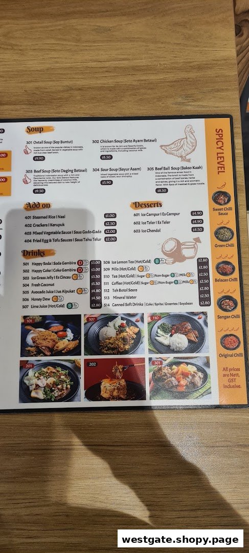A detailed menu displaying Indonesian soups, add-ons, desserts, drinks, and chili options with prices.